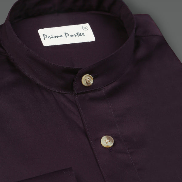 dark-purple-band-collar-cotton-shirt