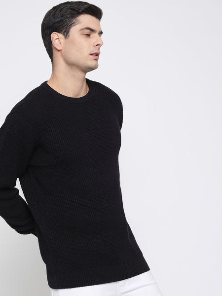 Black Purl Knit Sweater For Men
