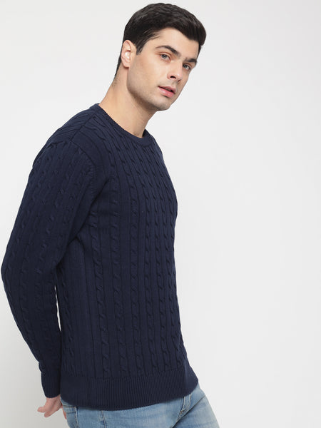 Navy Blue Cable Knit Sweater For Men 3