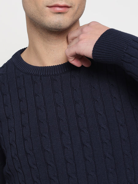 Navy Blue Cable Knit Sweater For Men 4