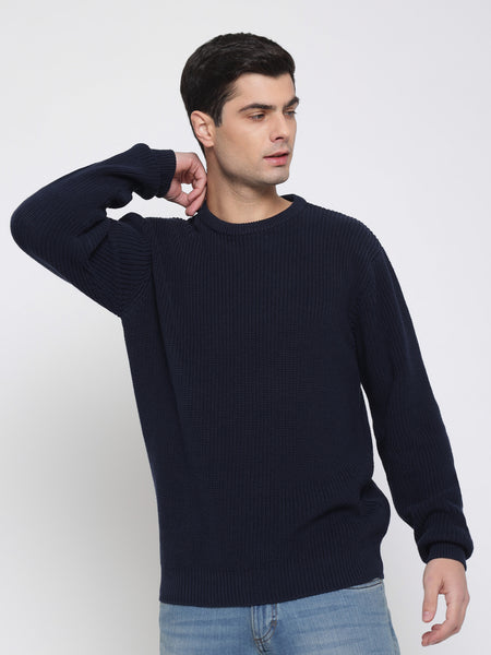 Navy Blue Purl Knit Sweater For Men 2