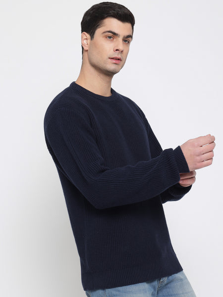 Navy Blue Purl Knit Sweater For Men