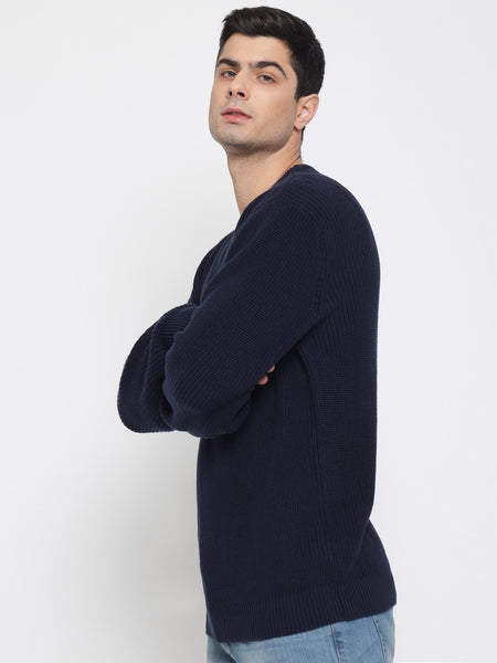 Navy Blue Purl Knit Sweater For Men 3
