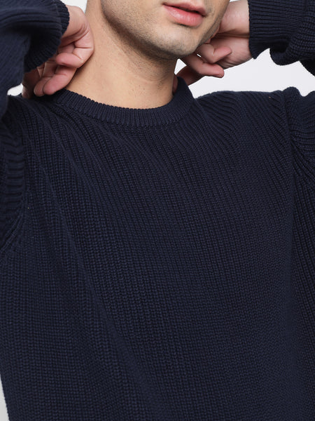 Navy Blue Purl Knit Sweater For Men 4