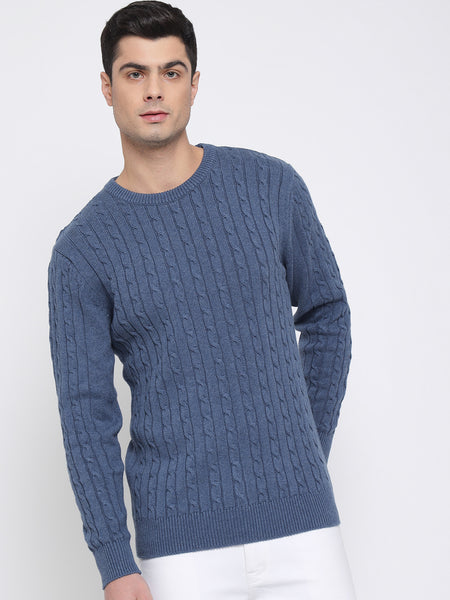 Steel Blue Cable Knit Sweater For Men 2
