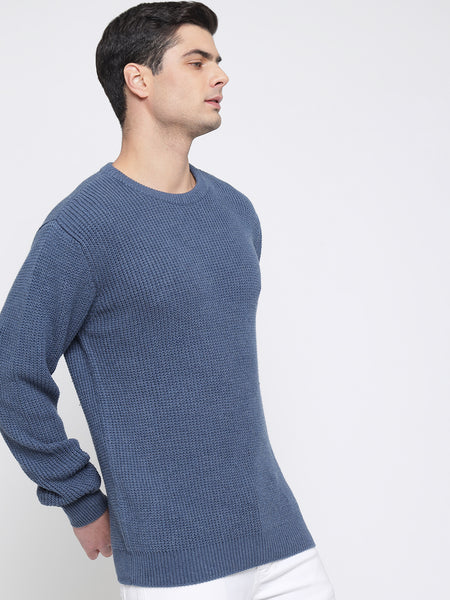 Steel Blue Purl Knit Sweater For Men 1