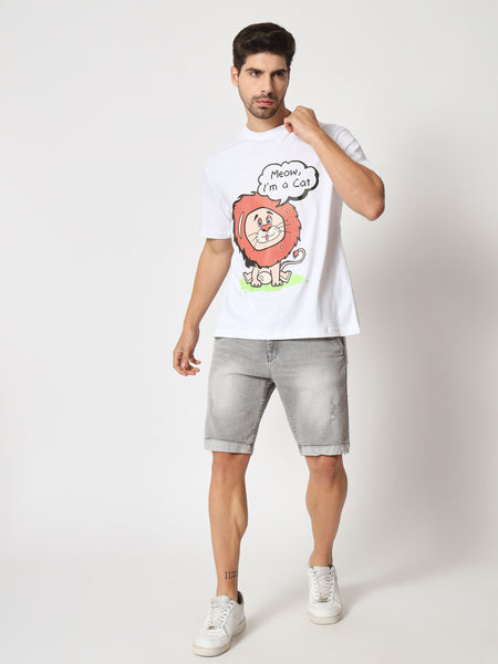 Meow White Colour Oversized T-Shirt