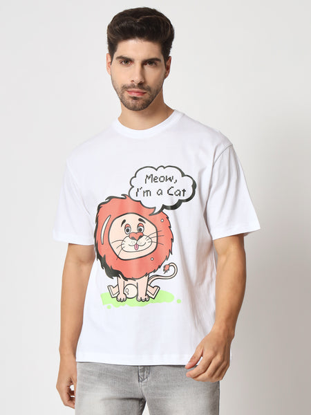 Meow White Colour Oversized T-Shirt