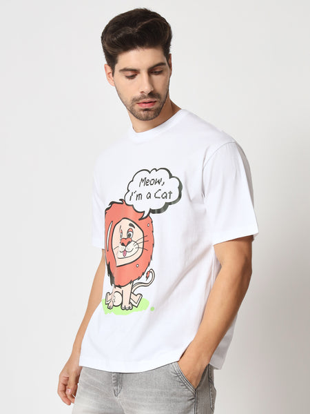 Meow White Colour Oversized T-Shirt