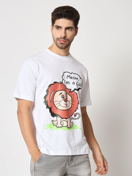 Meow White Colour Oversized T-Shirt