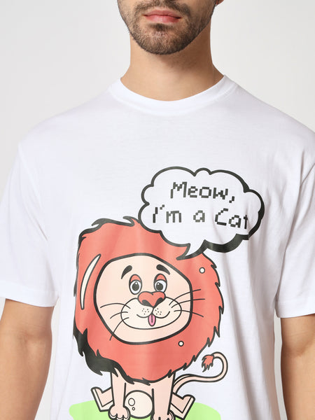 Meow White Colour Oversized T-Shirt