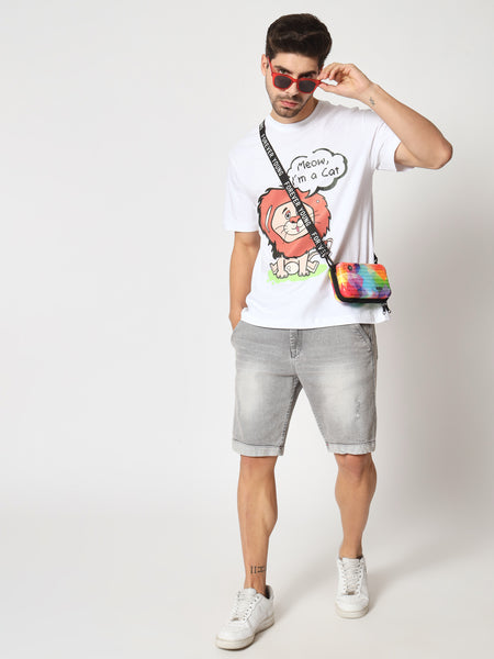 Meow White Colour Oversized T-Shirt