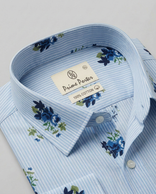Blue floral printed cotton casual shirt for men - Prime Porter