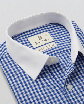 Royal blue checked banker shirt for men - Prime Porter