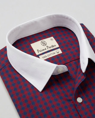 Red navy checked banker shirt for men - Prime Porter