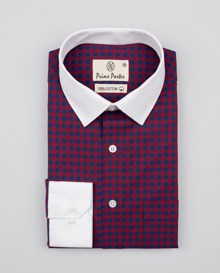 Red navy checked banker shirt for men - Prime Porter