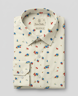 Cream floral printed cotton casual shirt for men - Prime Porter