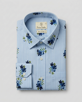 Blue floral printed cotton casual shirt for men - Prime Porter