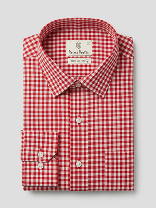 Red gingham checked cotton formal shirt for men - Prime Porter