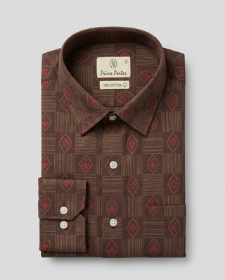 Brown printed cotton casual shirt for men - Prime Porter