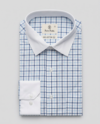Sky blue checked banker shirt for men - Prime Porter