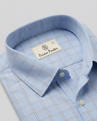 Sky blue checked Giza cotton formal shirt for men - Prime Porter