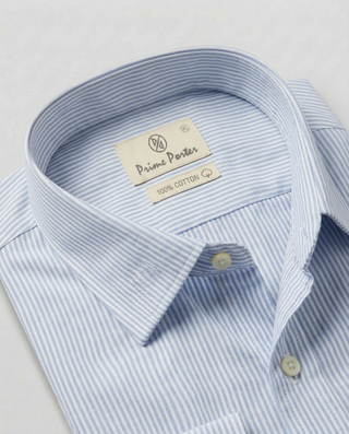 Powder blue striped cotton formal shirt for men - Prime Porter