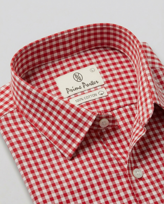 Red gingham checked cotton formal shirt for men - Prime Porter