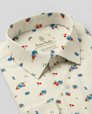 Cream floral printed cotton casual shirt for men - Prime Porter
