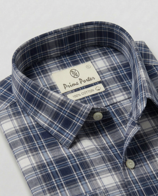 Blue checked cotton formal shirt for men - Prime Porter