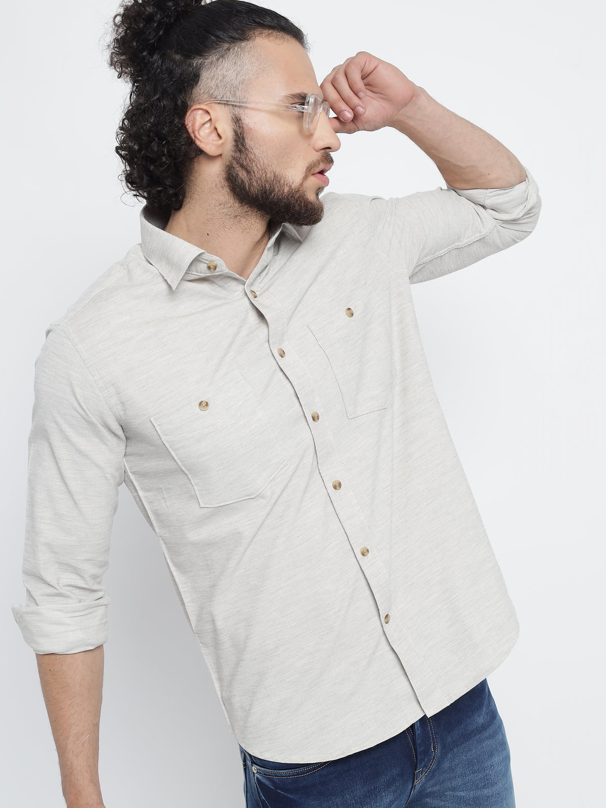 Off White Melange Corduroy Shirt  For Men 5