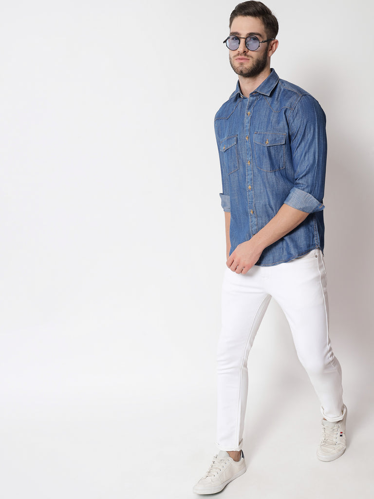Light Blue Denim Shirt Men Shirts Outfits With White Jeans Linen Shirt  And Pant  Dress shirt casual wear