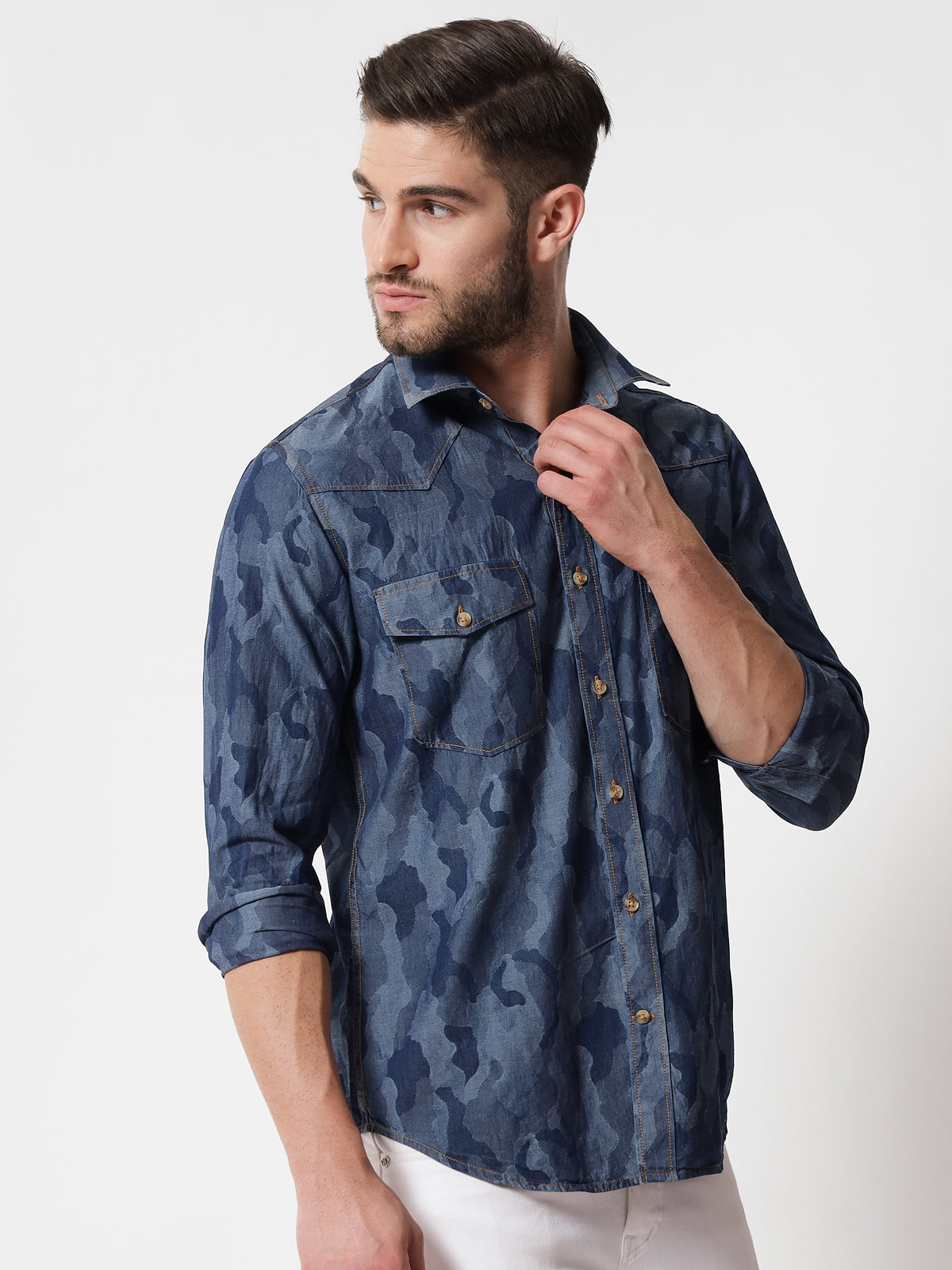 Camo denim on sale shirt mens