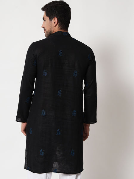 Black Motif Linen Kurta