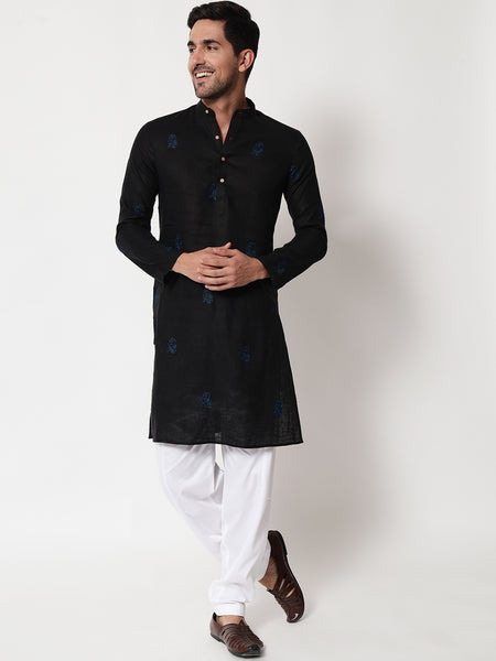 Black Motif Linen Kurta