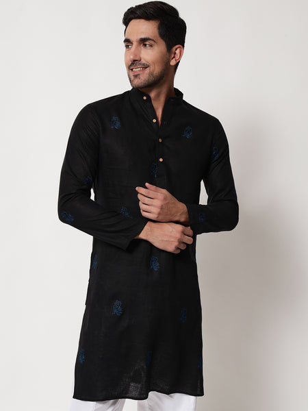 Black Motif Linen Kurta