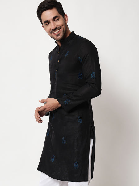 Black Motif Linen Kurta