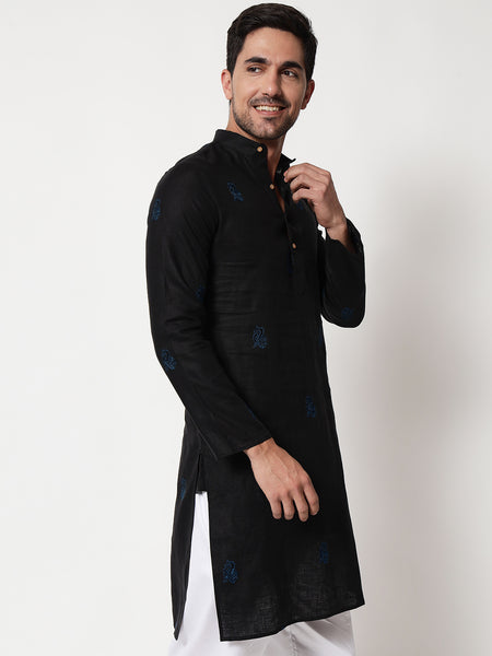 Black Motif Linen Kurta