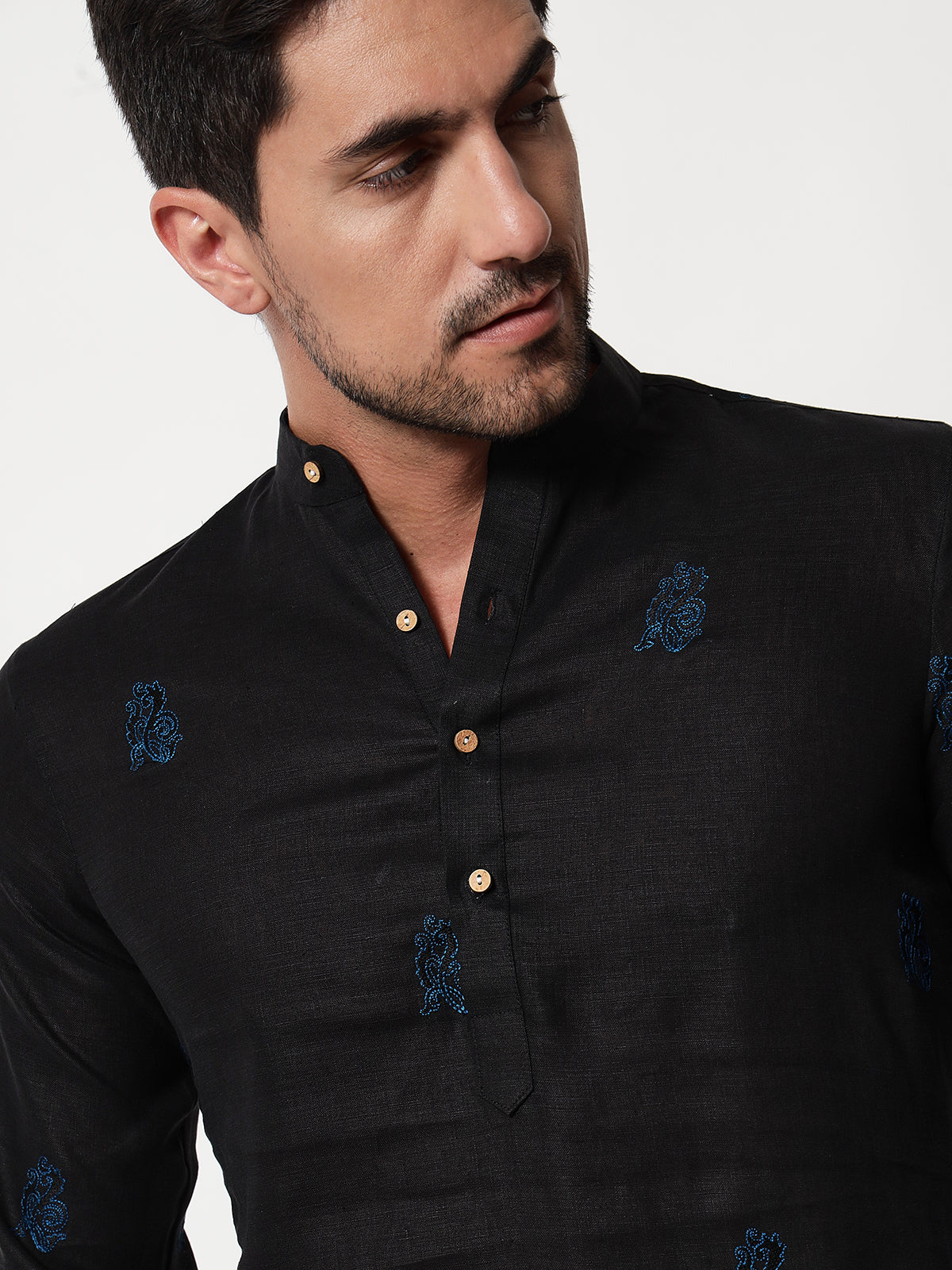 Black Motif Linen Kurta