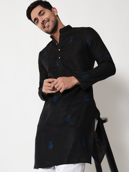 Black Motif Linen Kurta