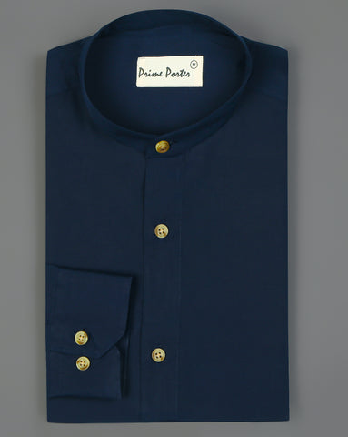 navy-blue-band-collar-cotton-shirt