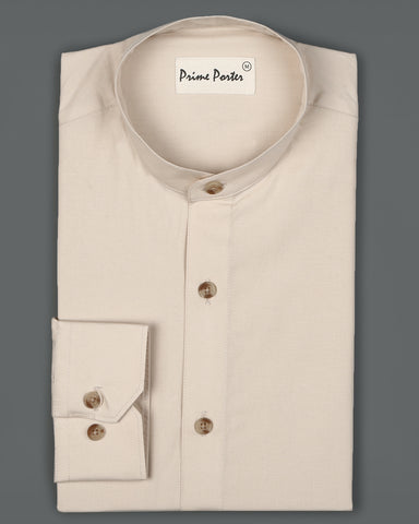 light-beige-band-collar-cotton-shirt