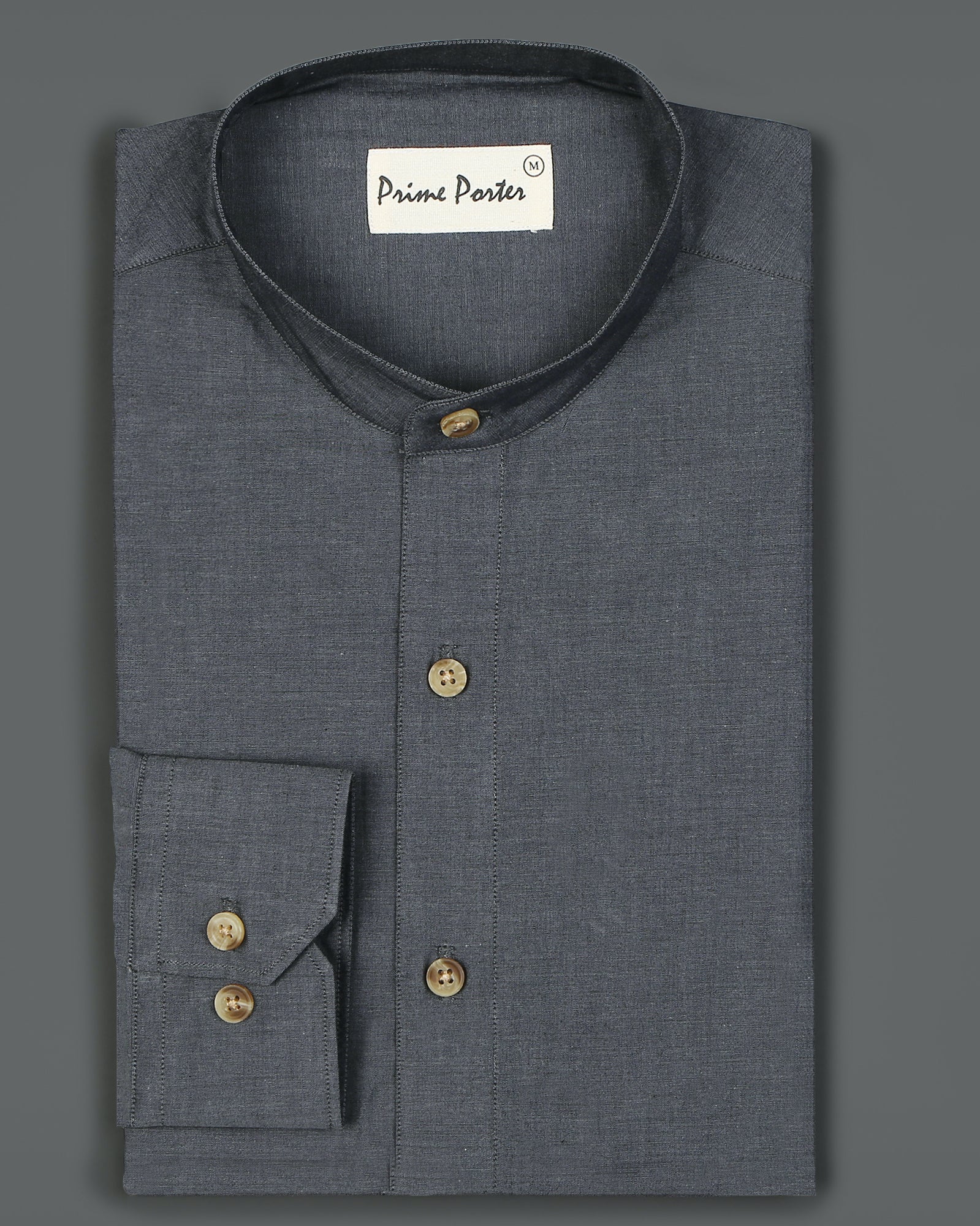 dark-grey-band-collar-cotton-shirt