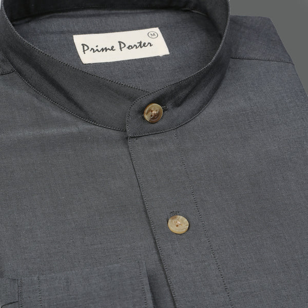 dark-grey-band-collar-cotton-shirt