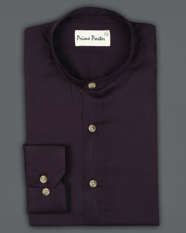 dark-purple-band-collar-cotton-shirt