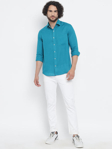 Cerulean Blue Colour Pure Linen Shirt  for men 1