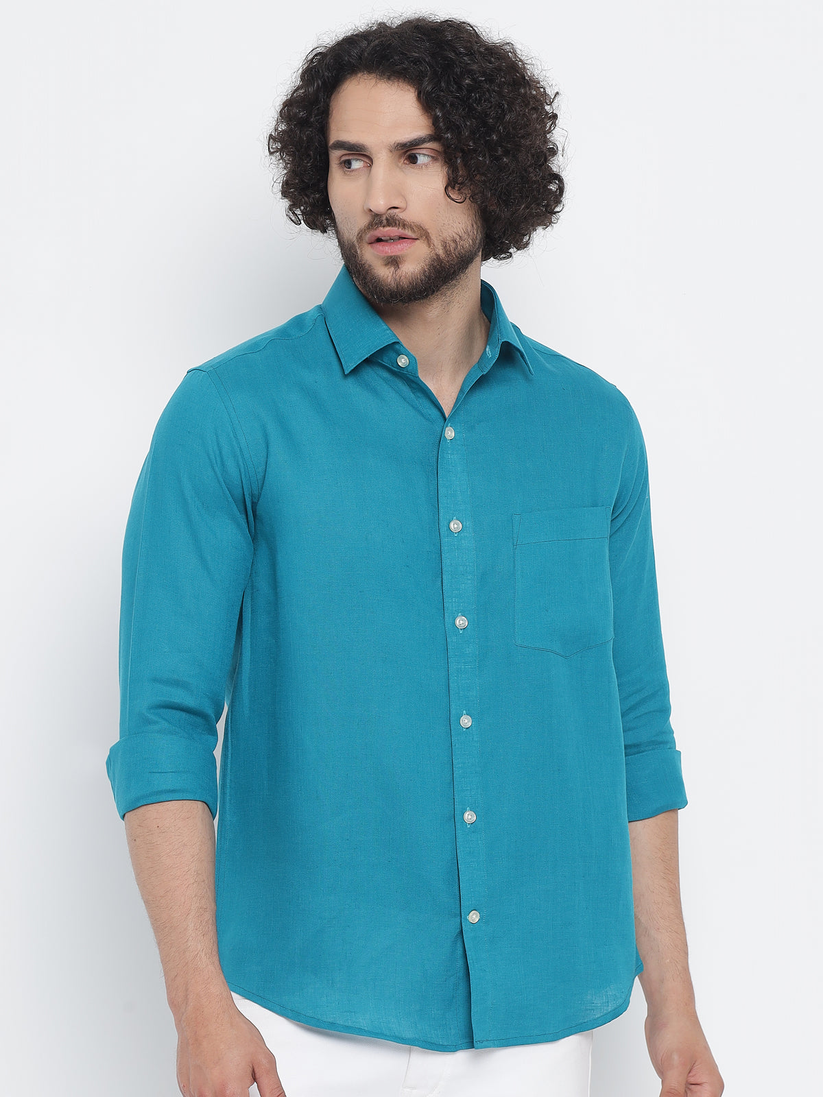 Cerulean Blue Colour Pure Linen Shirt  for men 