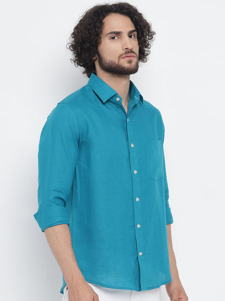 Cerulean Blue Colour Pure Linen Shirt  for men 2