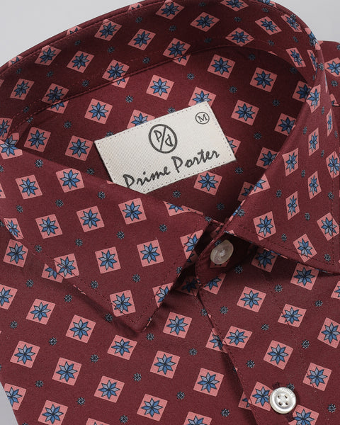 Crimson Red Colour Geometrical Printed Shirt For Men 1