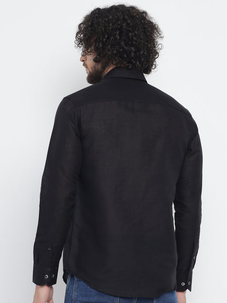 Jet Black Colour Pure Linen Shirt For Men 4